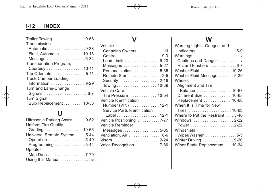 Index_u, Index_v, Index_w | Cadillac 2011 Escalade EXT User Manual | Page 508 / 508