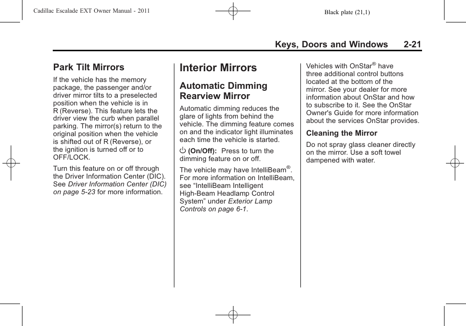 Park tilt mirrors, Interior mirrors, Automatic dimming rearview mirror | Interior mirrors -21, Park tilt mirrors -21, Dimming rearview, Mirror -21 | Cadillac 2011 Escalade EXT User Manual | Page 51 / 508