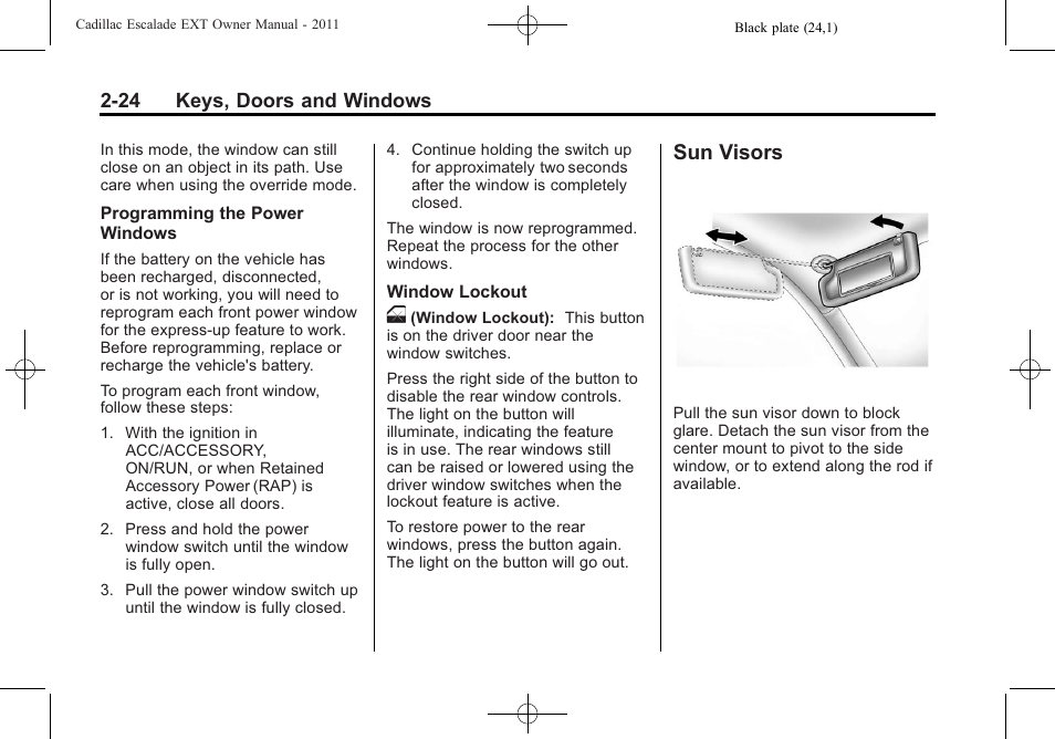 Sun visors, Sun visors -24 | Cadillac 2011 Escalade EXT User Manual | Page 54 / 508