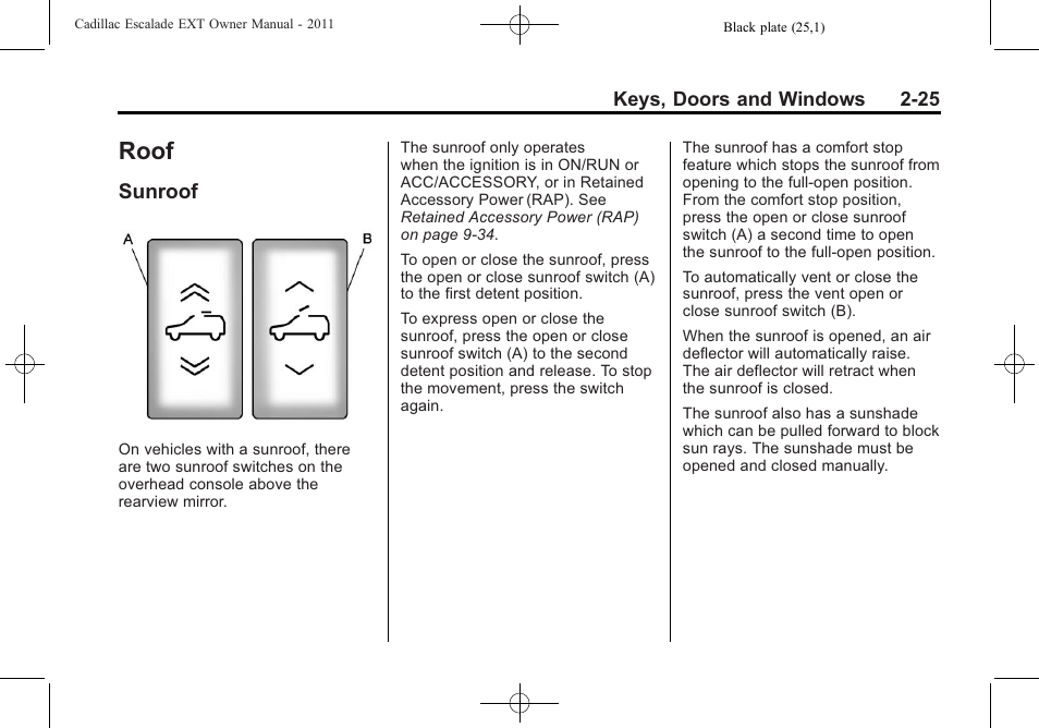 Roof, Sunroof, Roof -25 | Universal, Sunroof -25 | Cadillac 2011 Escalade EXT User Manual | Page 55 / 508