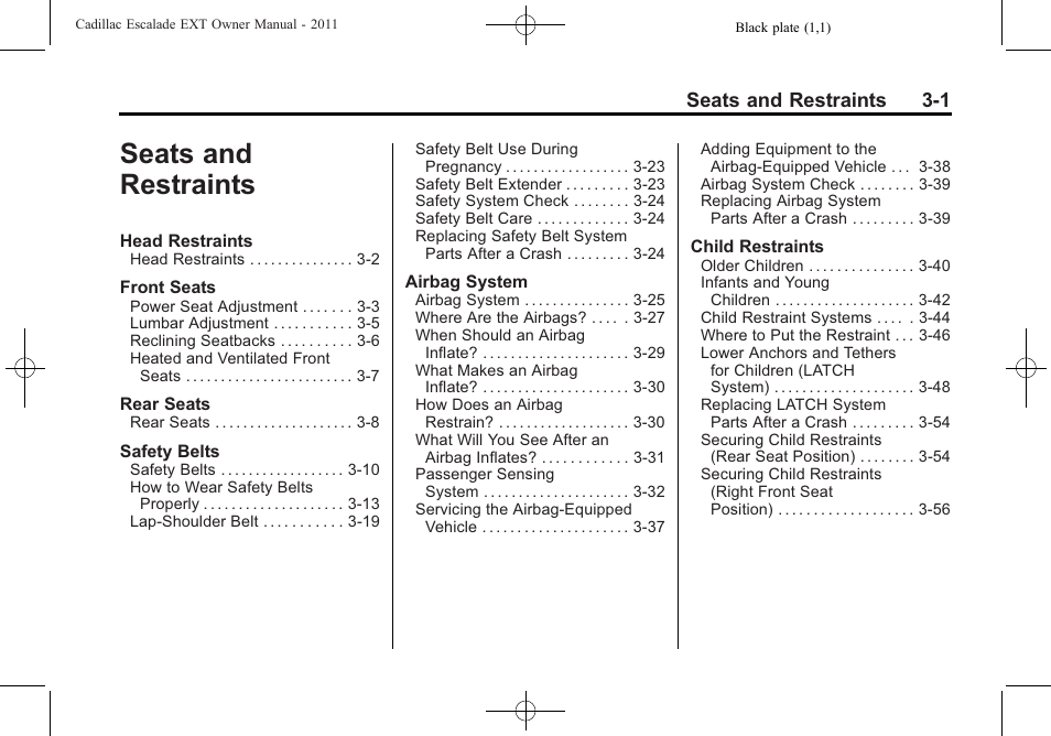Seats and restraints, Seats and restraints -1, Seats and restraints 3-1 | Cadillac 2011 Escalade EXT User Manual | Page 57 / 508
