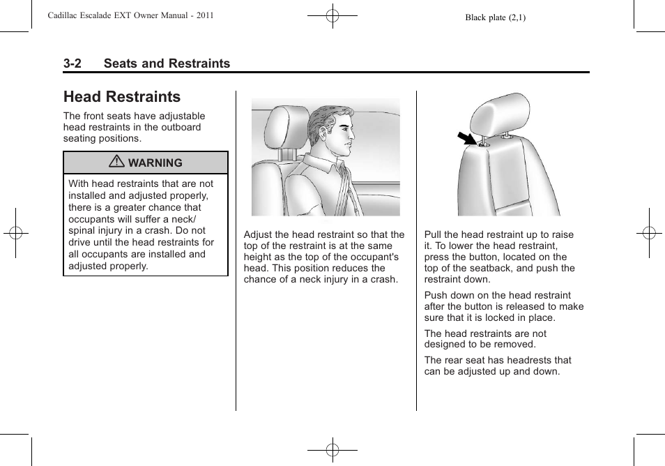 Head restraints, Head restraints -2 | Cadillac 2011 Escalade EXT User Manual | Page 58 / 508