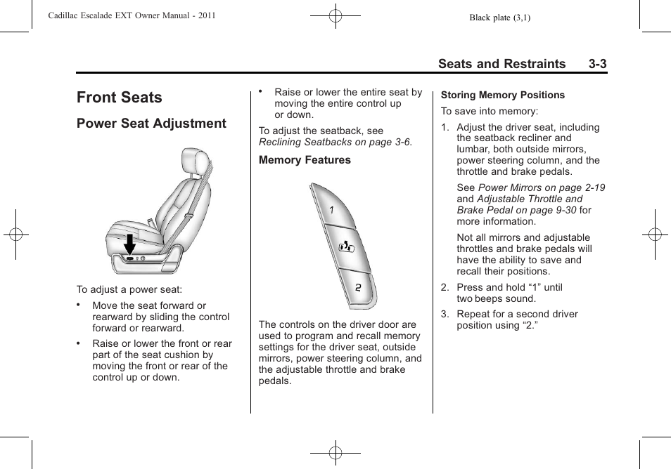 Front seats, Power seat adjustment, Front seats -3 | Interior lighting, Power seat adjustment -3, Seats and restraints 3-3 | Cadillac 2011 Escalade EXT User Manual | Page 59 / 508