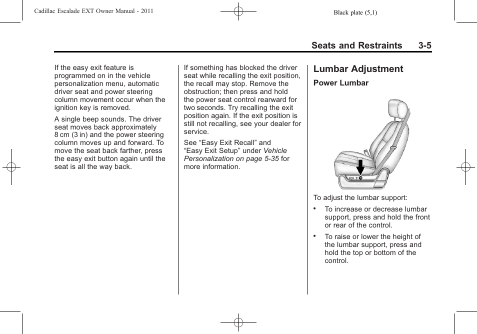 Lumbar adjustment, Lumbar adjustment -5, Seats and restraints 3-5 | Cadillac 2011 Escalade EXT User Manual | Page 61 / 508