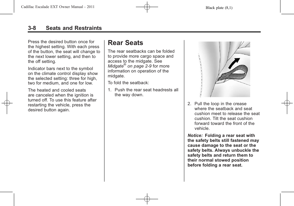 Rear seats, Rear seats -8, 8 seats and restraints | Cadillac 2011 Escalade EXT User Manual | Page 64 / 508