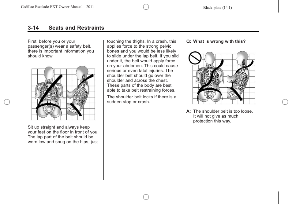 14 seats and restraints | Cadillac 2011 Escalade EXT User Manual | Page 70 / 508