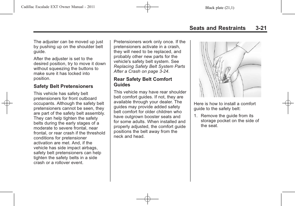 Seats and restraints 3-21 | Cadillac 2011 Escalade EXT User Manual | Page 77 / 508