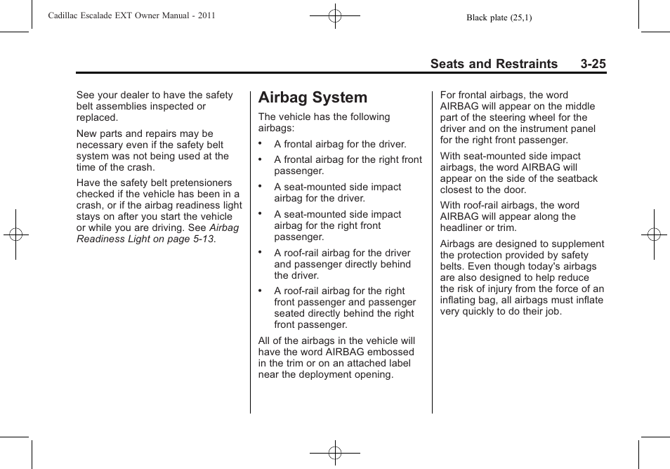 Airbag system, Airbag system -25, Seats and restraints 3-25 | Cadillac 2011 Escalade EXT User Manual | Page 81 / 508