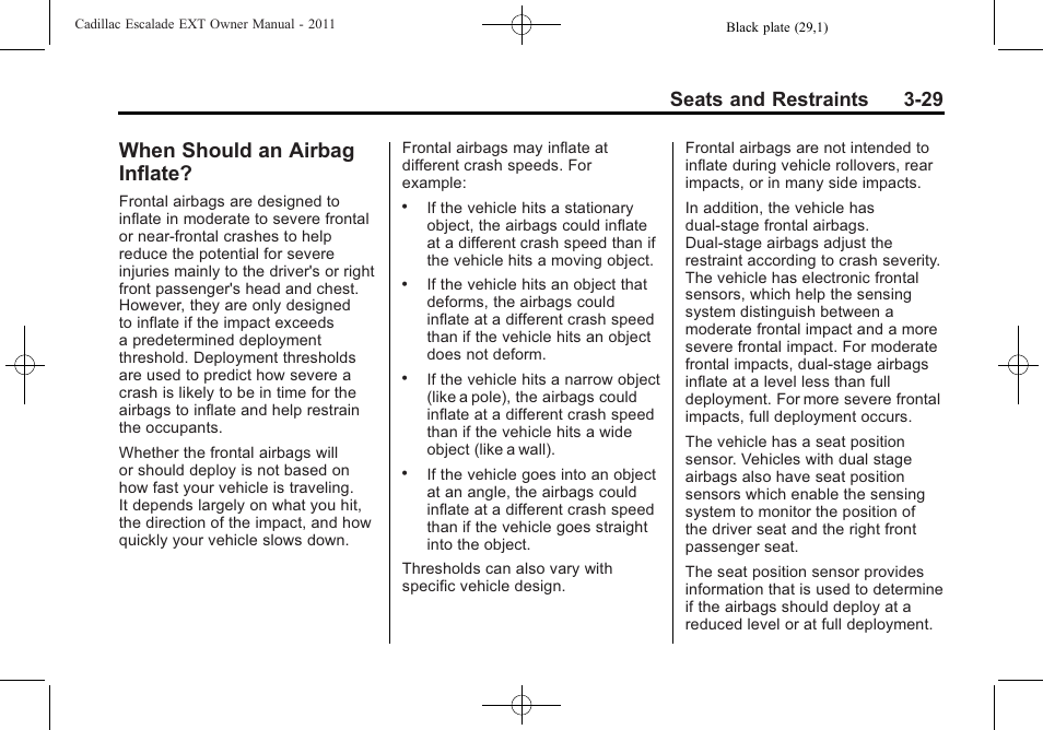 When should an airbag inflate, When should an airbag, Inflate? -29 | Seats and restraints 3-29 | Cadillac 2011 Escalade EXT User Manual | Page 85 / 508