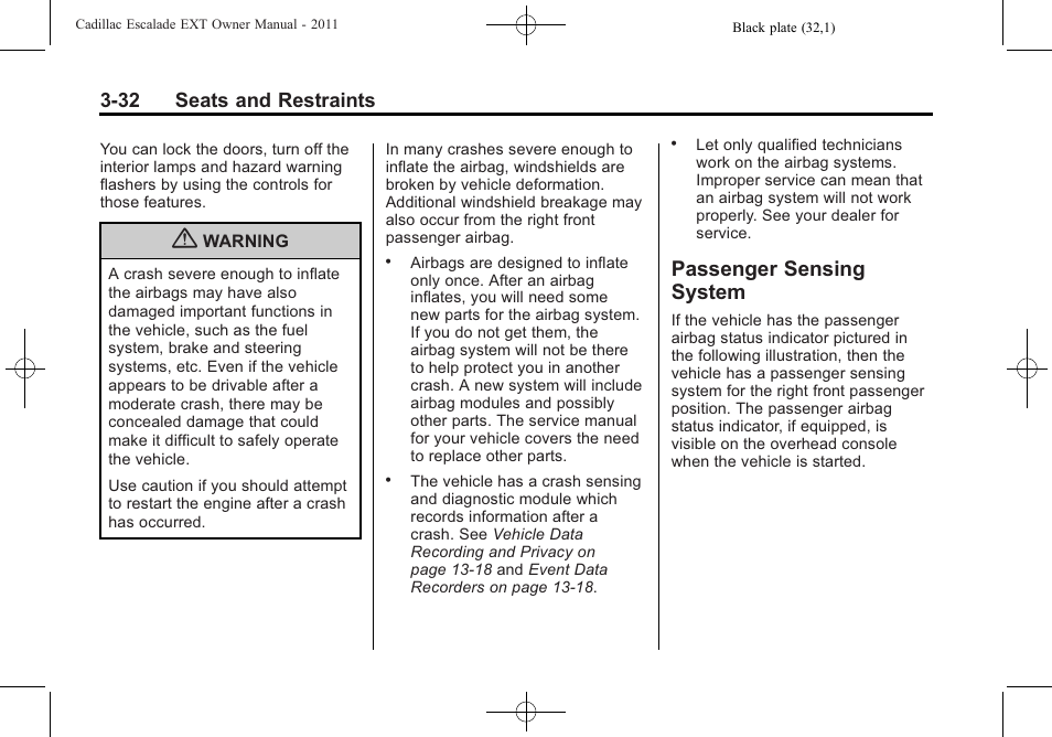 Passenger sensing system, Sensing, System -32 | Right, 32 seats and restraints | Cadillac 2011 Escalade EXT User Manual | Page 88 / 508