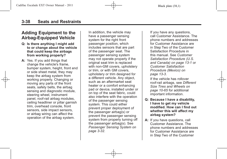 Adding equipment to the airbag-equipped vehicle, Adding equipment to the, Airbag-equipped vehicle -38 | Cadillac 2011 Escalade EXT User Manual | Page 94 / 508