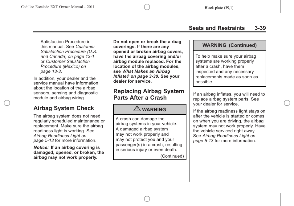 Airbag system check, Replacing airbag system parts after a crash, Airbag system check -39 replacing airbag system | Parts after a crash -39 | Cadillac 2011 Escalade EXT User Manual | Page 95 / 508