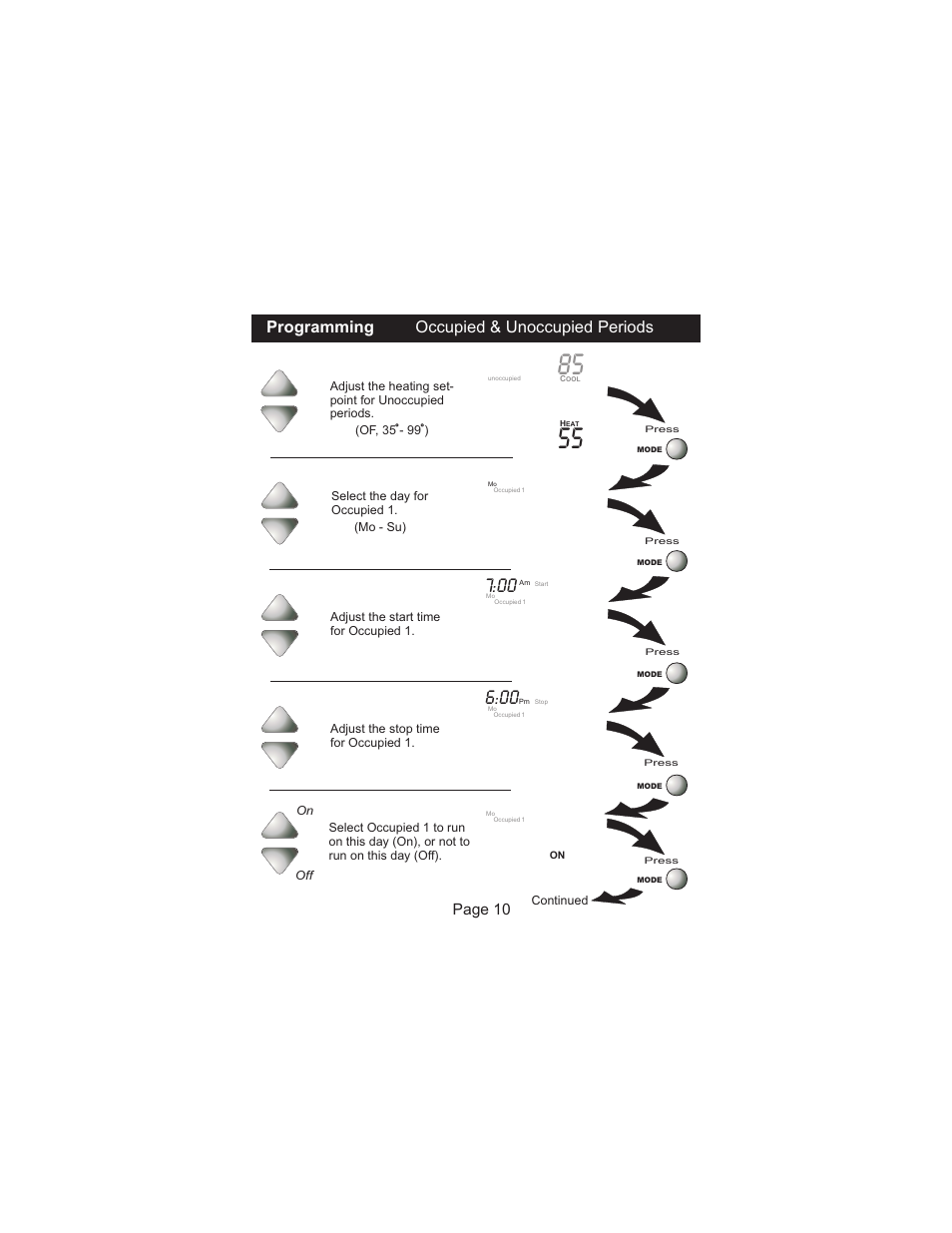 Programming occupied & unoccupied periods, Page 10 | Venstar T2300FS User Manual | Page 11 / 29