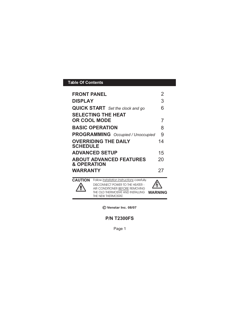 Venstar T2300FS User Manual | Page 2 / 29