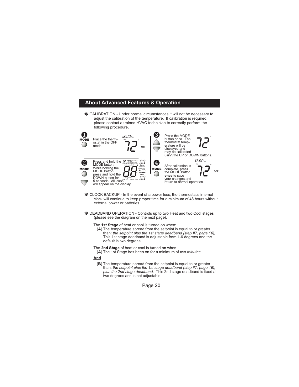 About advanced features & operation, Page 20, I2:00 | Venstar T2300FS User Manual | Page 21 / 29