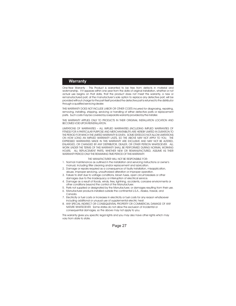Warranty, Page 27 | Venstar T2300FS User Manual | Page 28 / 29