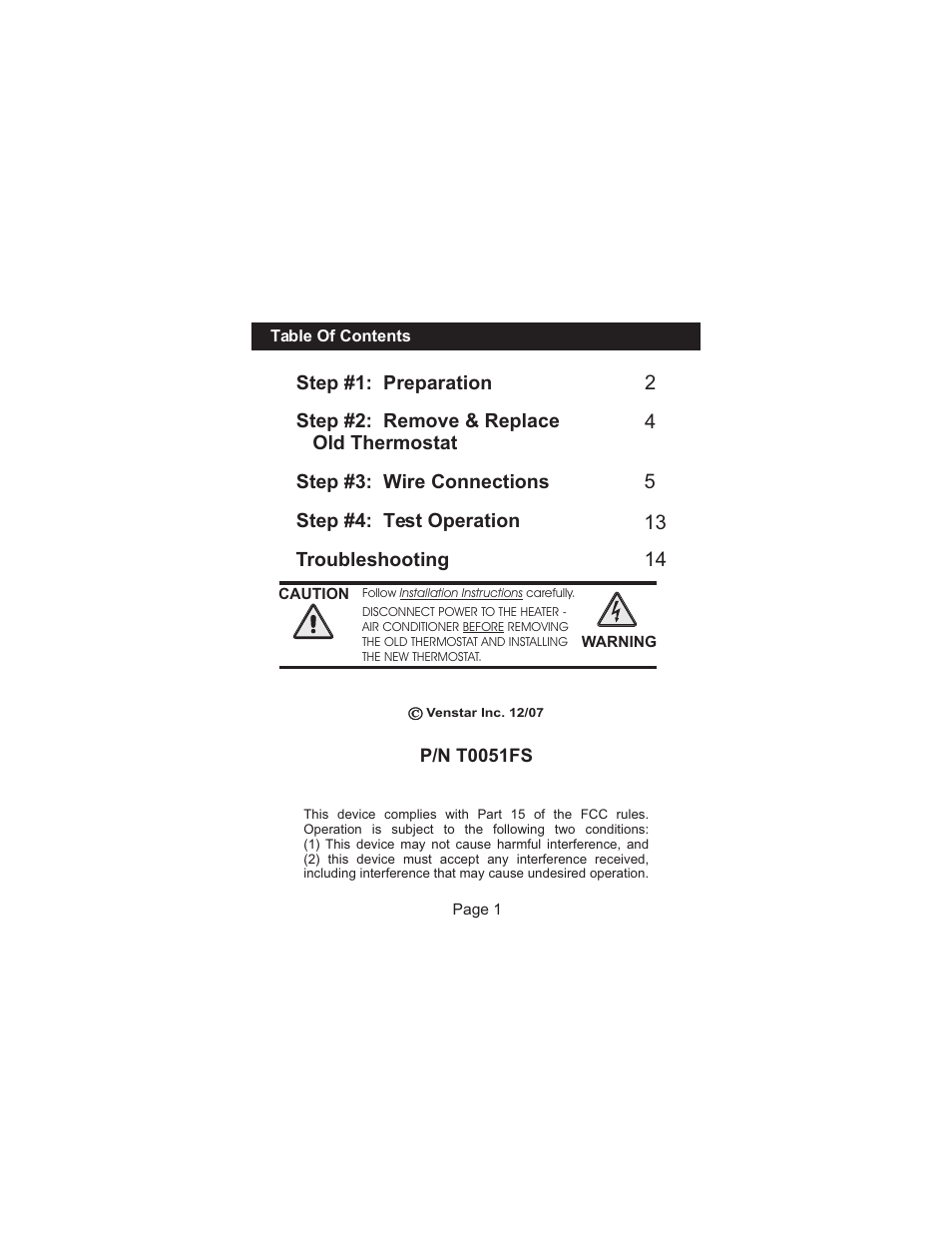 Venstar T0051FS Installation User Manual | Page 2 / 16