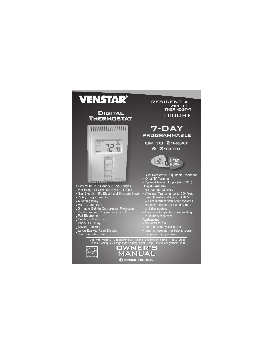 Venstar T1100RF User Manual | 22 pages