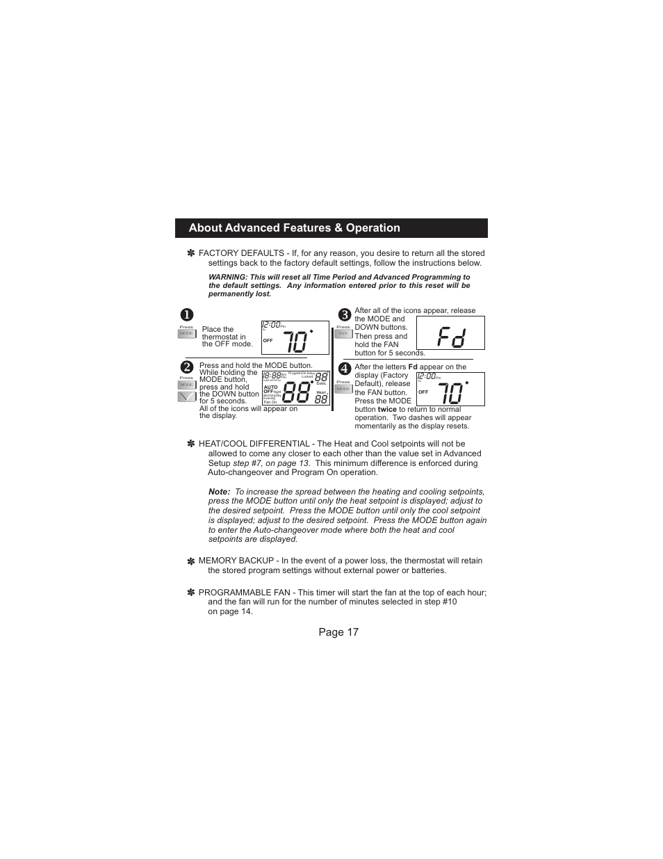 About advanced features & operation, Page 17 | Venstar T1100RF User Manual | Page 18 / 22