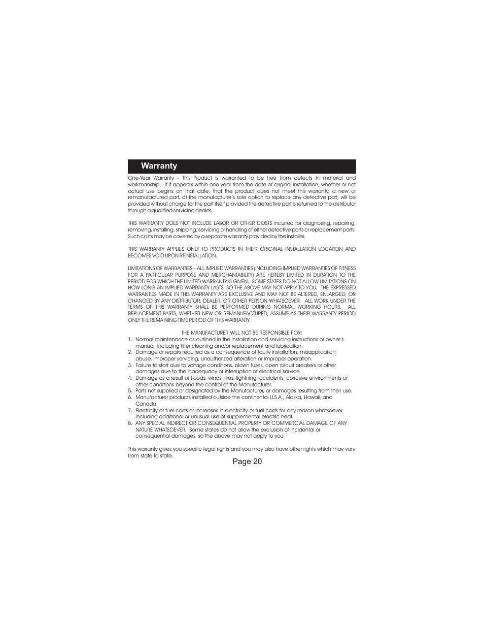 Warranty, Page 20 | Venstar T1100RF User Manual | Page 21 / 22