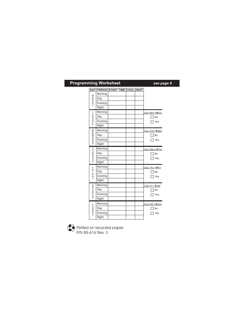 Programming worksheet, See page 8 | Venstar T1100RF User Manual | Page 22 / 22