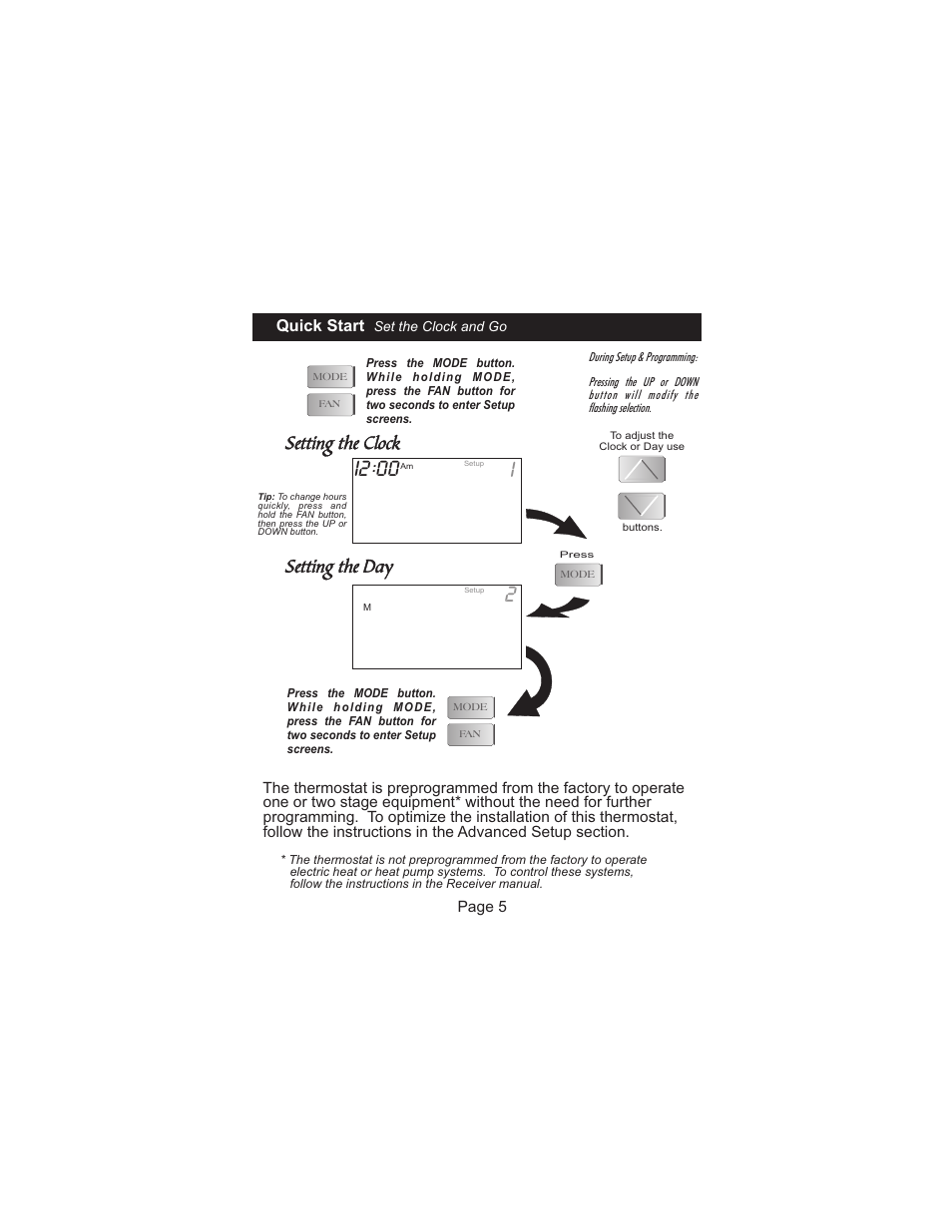 I2 00 i, Setting the clock setting the day | Venstar T1100RF User Manual | Page 6 / 22