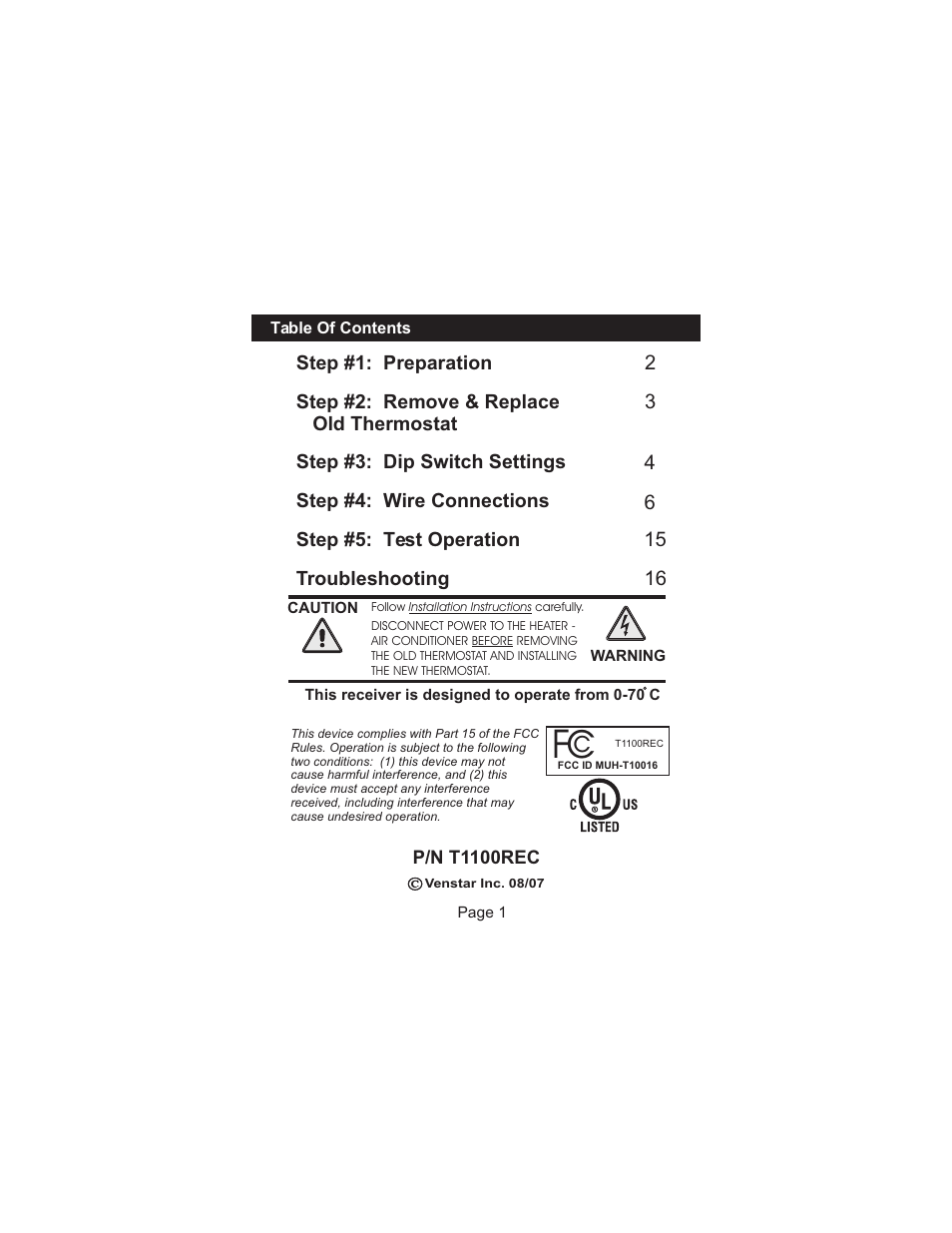 Venstar T1100REC User Manual | Page 2 / 18