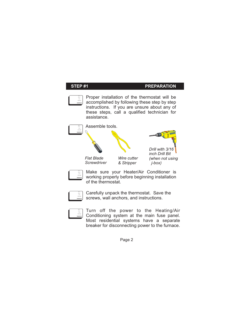 Step #1 preparation, Flat blade screwdriver wire cutter & stripper, Page 2 | Venstar T1100REC User Manual | Page 3 / 18
