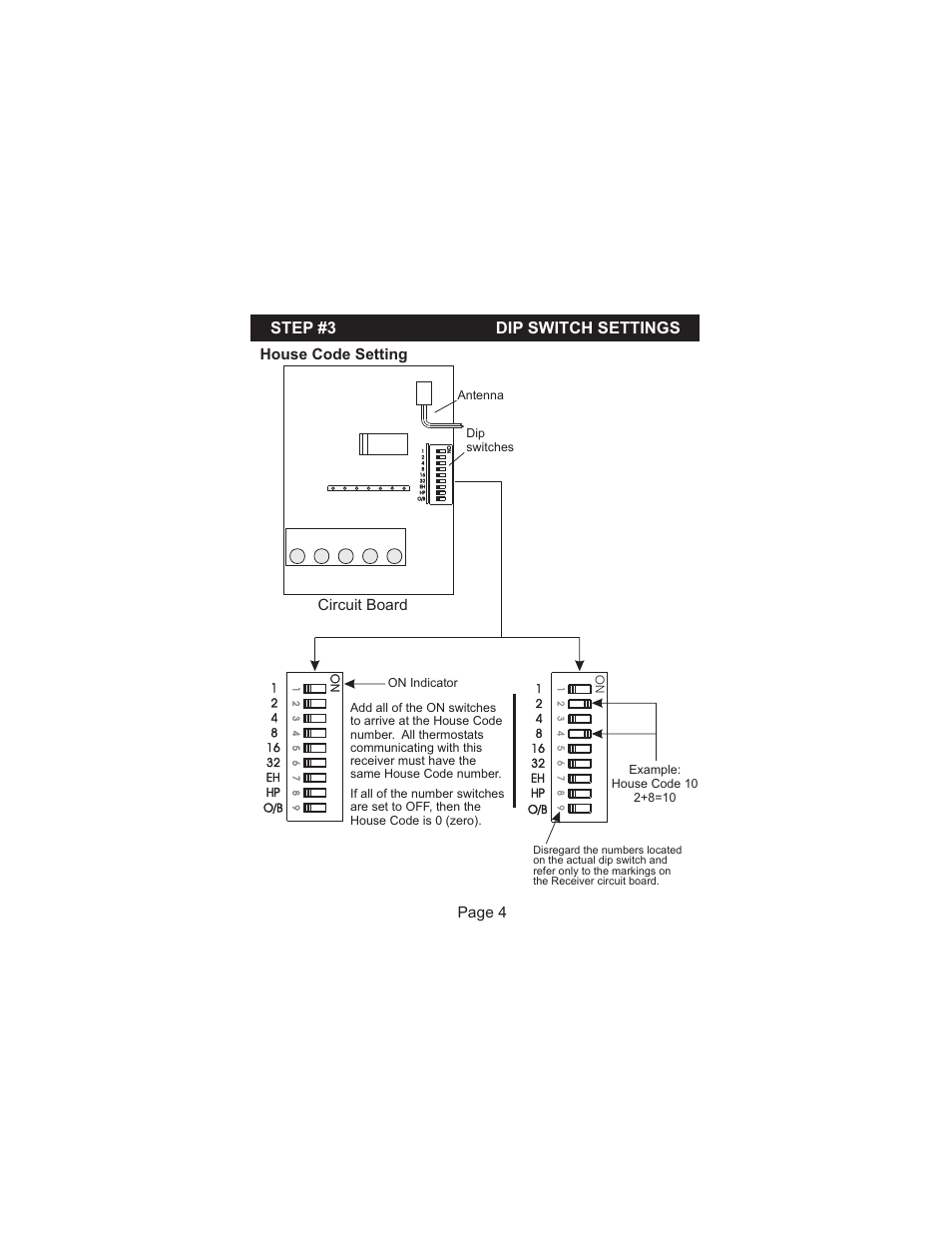 Step #3 dip switch settings, Circuit board, House code setting page 4 | Venstar T1100REC User Manual | Page 5 / 18
