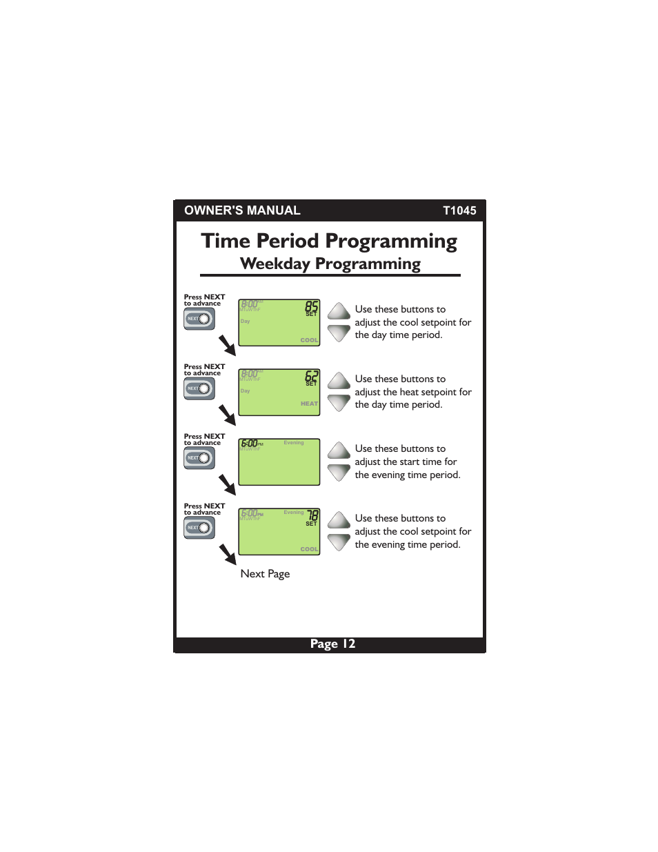 Time period programming, Weekday programming, Page 12 owner's manual | Next page, T1045 | Venstar T1045 User Manual | Page 12 / 24