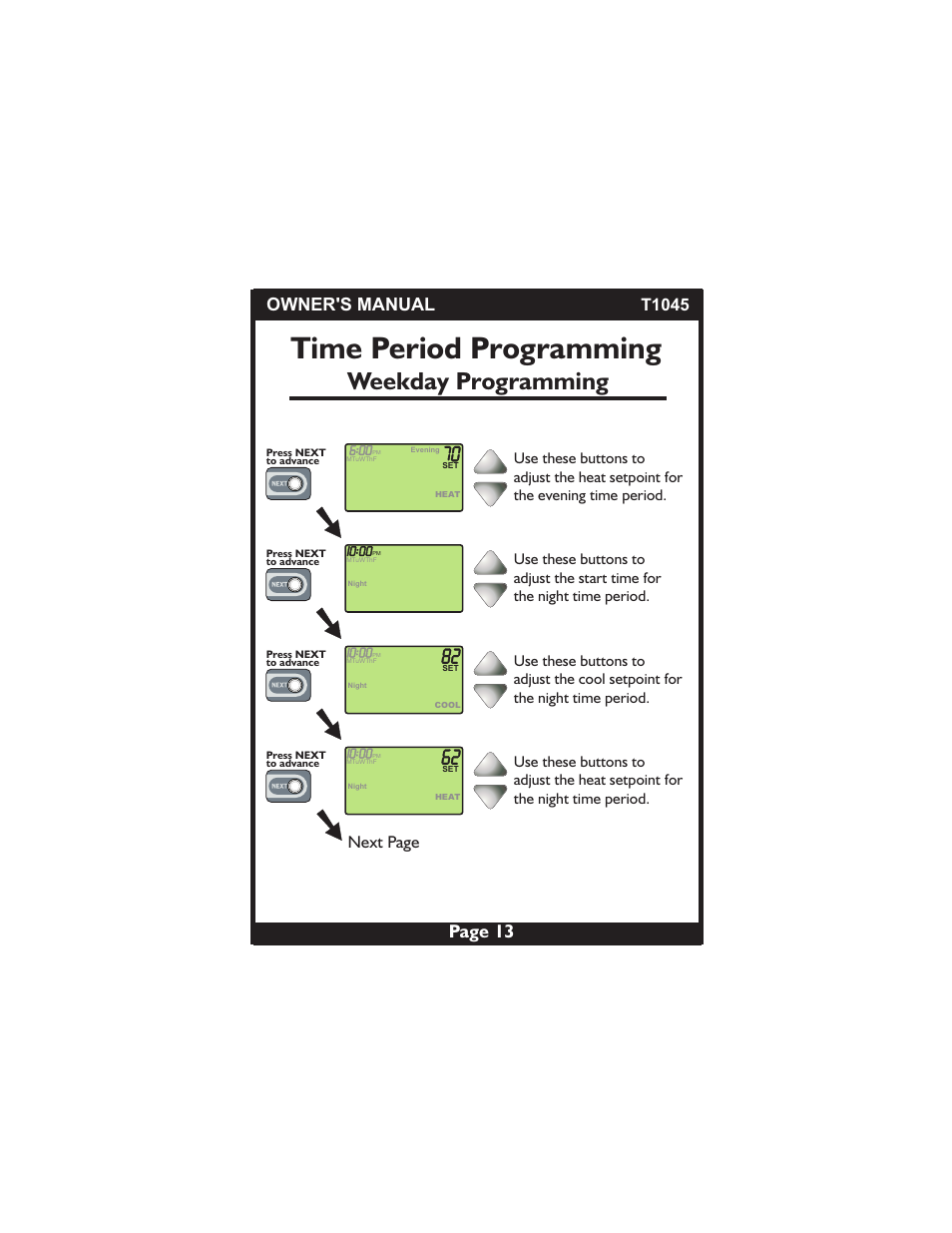 Time period programming, Weekday programming, Page 13 owner's manual | Next page, T1045 | Venstar T1045 User Manual | Page 13 / 24