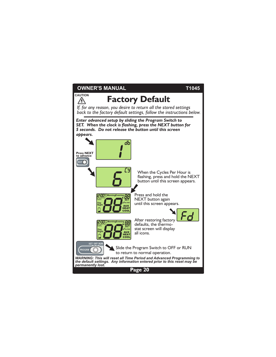 Factory default, Page 20, Owner's manual | Venstar T1045 User Manual | Page 20 / 24