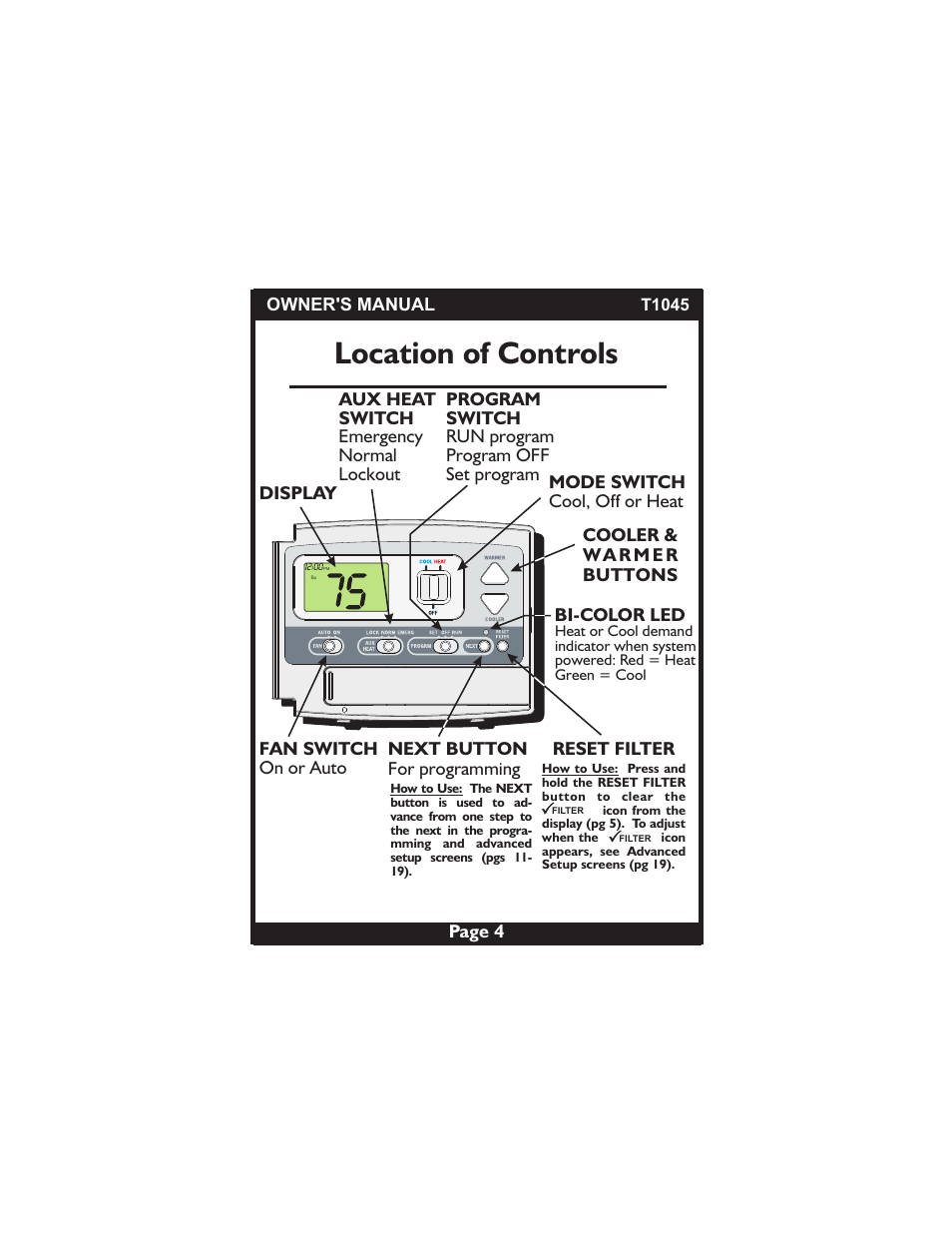 Location of controls | Venstar T1045 User Manual | Page 4 / 24