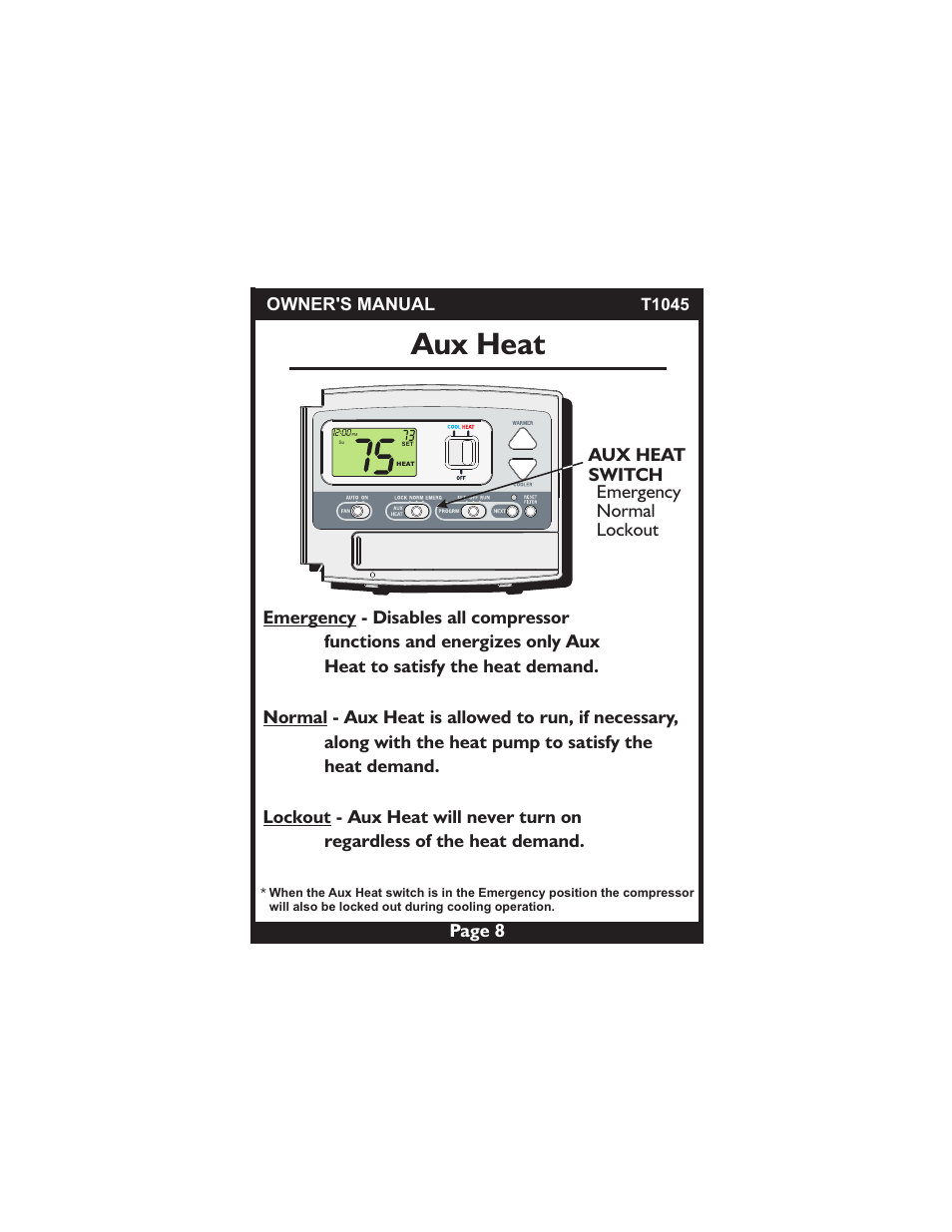 Aux heat, Page 8, Owner's manual | Emergency normal lockout aux heat switch | Venstar T1045 User Manual | Page 8 / 24