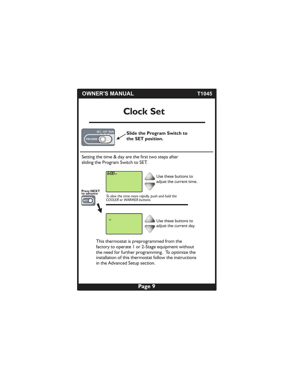 Clock set, Page 9, Owner's manual | Venstar T1045 User Manual | Page 9 / 24