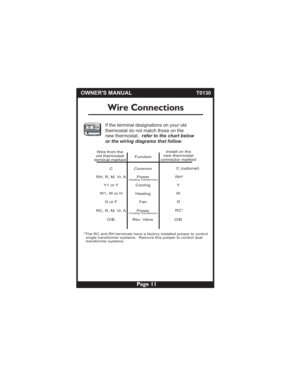 Wire connections, Owner's manual page 11, T0130 | Venstar T0130 User Manual | Page 11 / 25