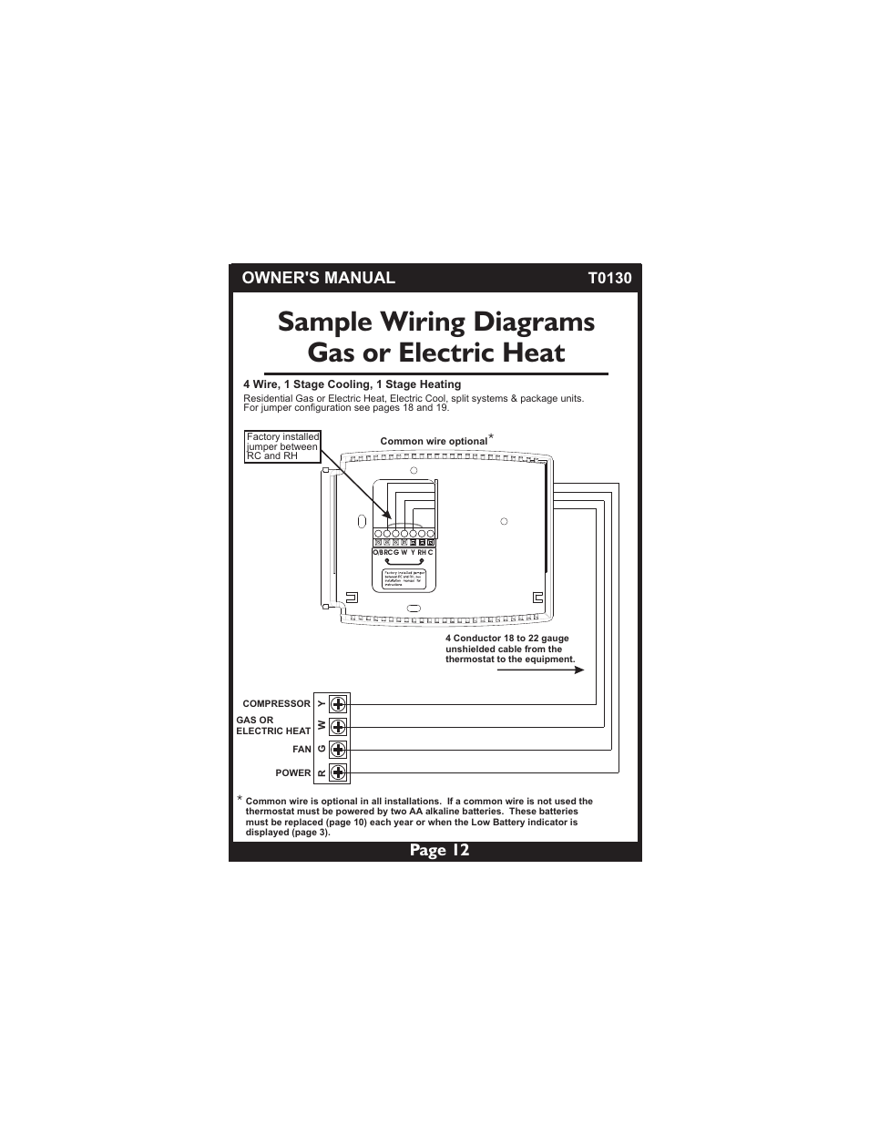 Sample wiring diagrams gas or electric heat, Page 12, Owner's manual | T0130 | Venstar T0130 User Manual | Page 12 / 25