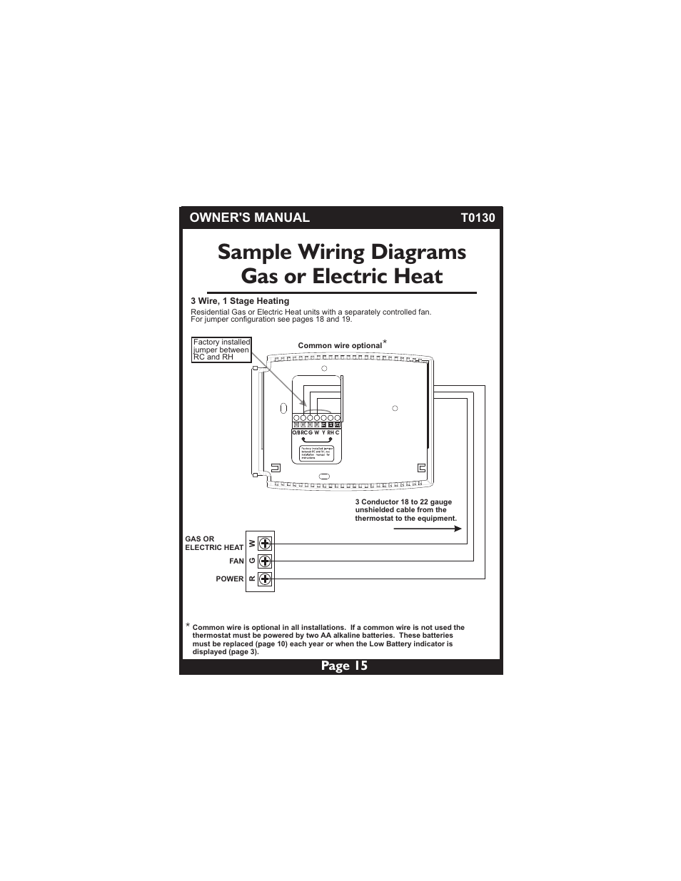 Sample wiring diagrams gas or electric heat, Page 15, Owner's manual | T0130 | Venstar T0130 User Manual | Page 15 / 25