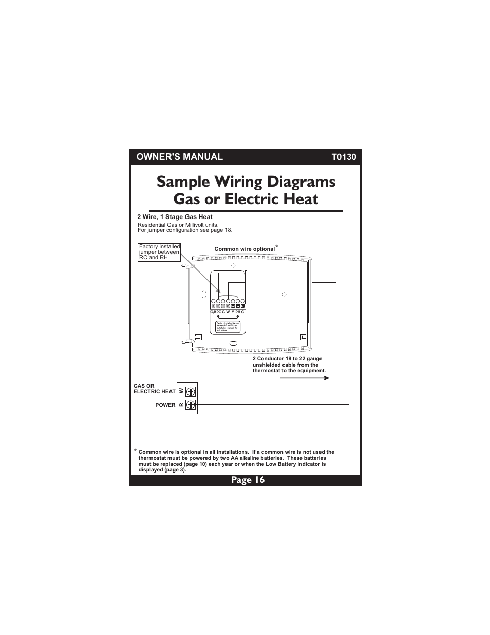 Sample wiring diagrams gas or electric heat, Page 16 owner's manual, T0130 | Venstar T0130 User Manual | Page 16 / 25