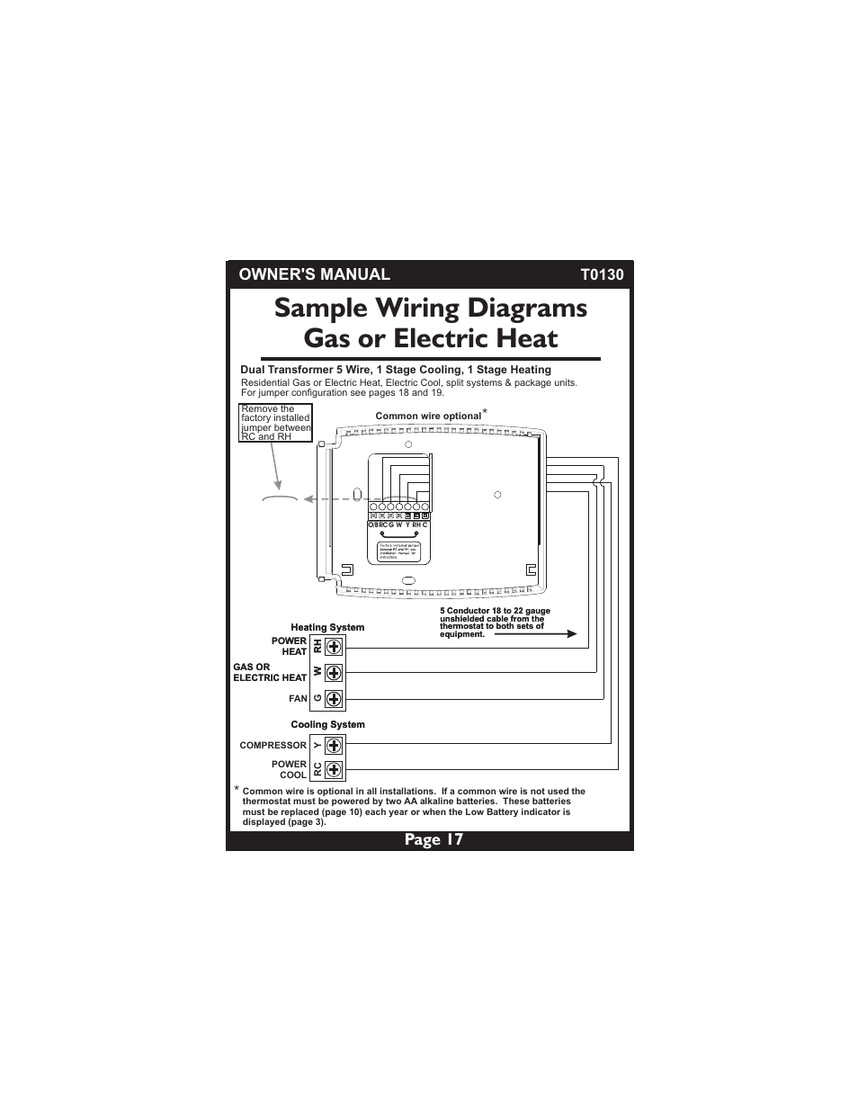 Sample wiring diagrams gas or electric heat, Page 17, Owner's manual | T0130 | Venstar T0130 User Manual | Page 17 / 25