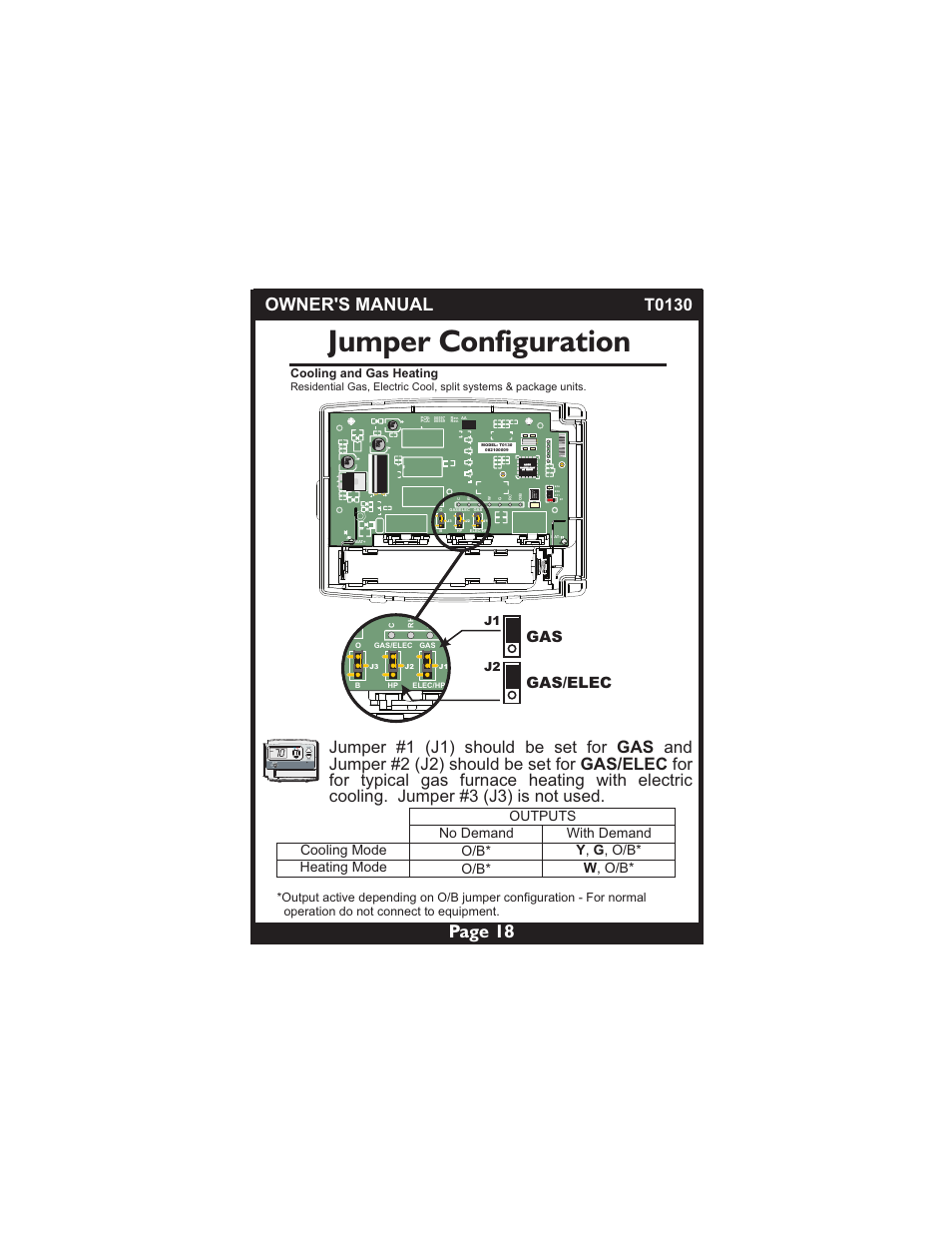 Jumper configuration, Page 18, Owner's manual | Gas gas/elec, 1000 jfk skd, Heat | Venstar T0130 User Manual | Page 18 / 25