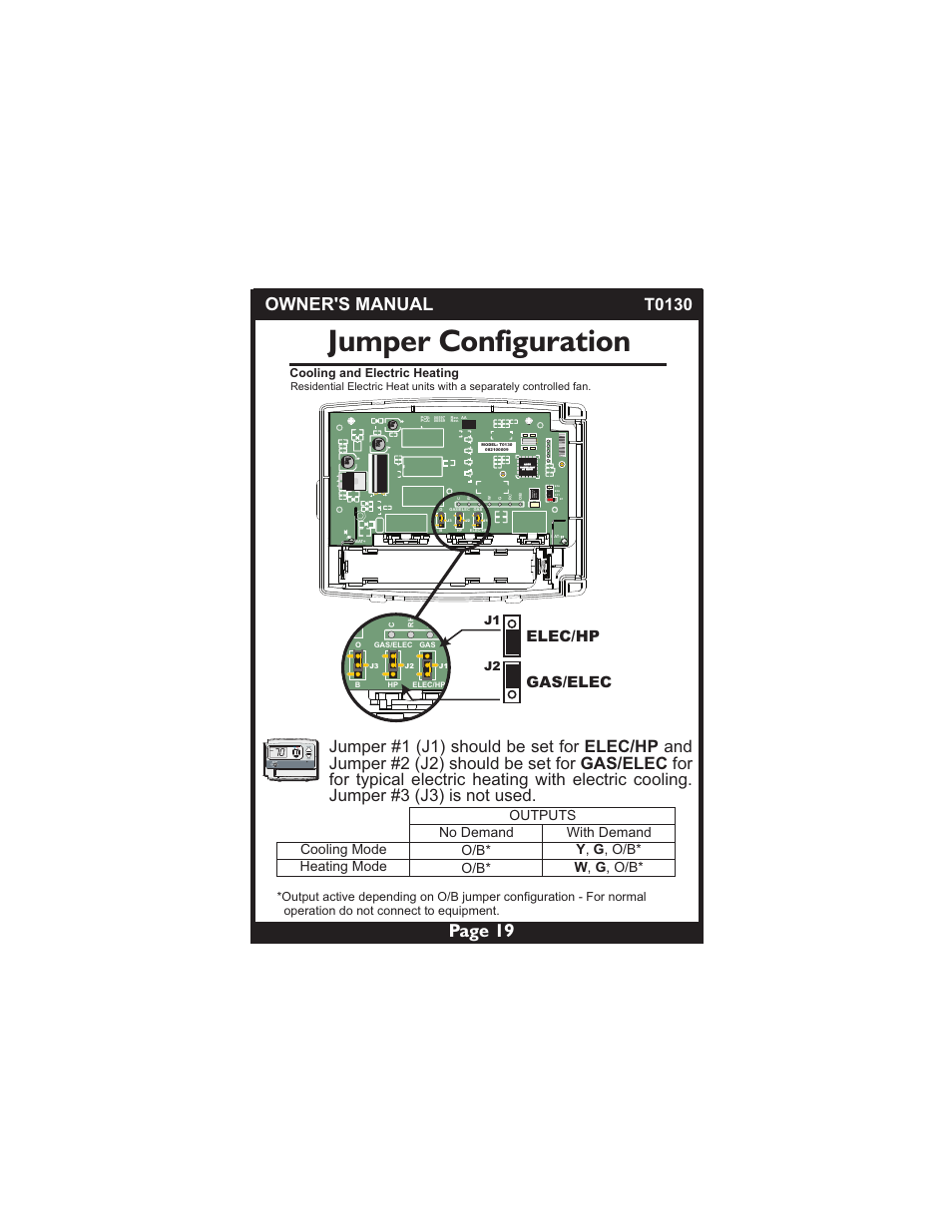 Jumper configuration, Owner's manual page 19, Elec/hp gas/elec | 1000 jfk skd, Heat | Venstar T0130 User Manual | Page 19 / 25