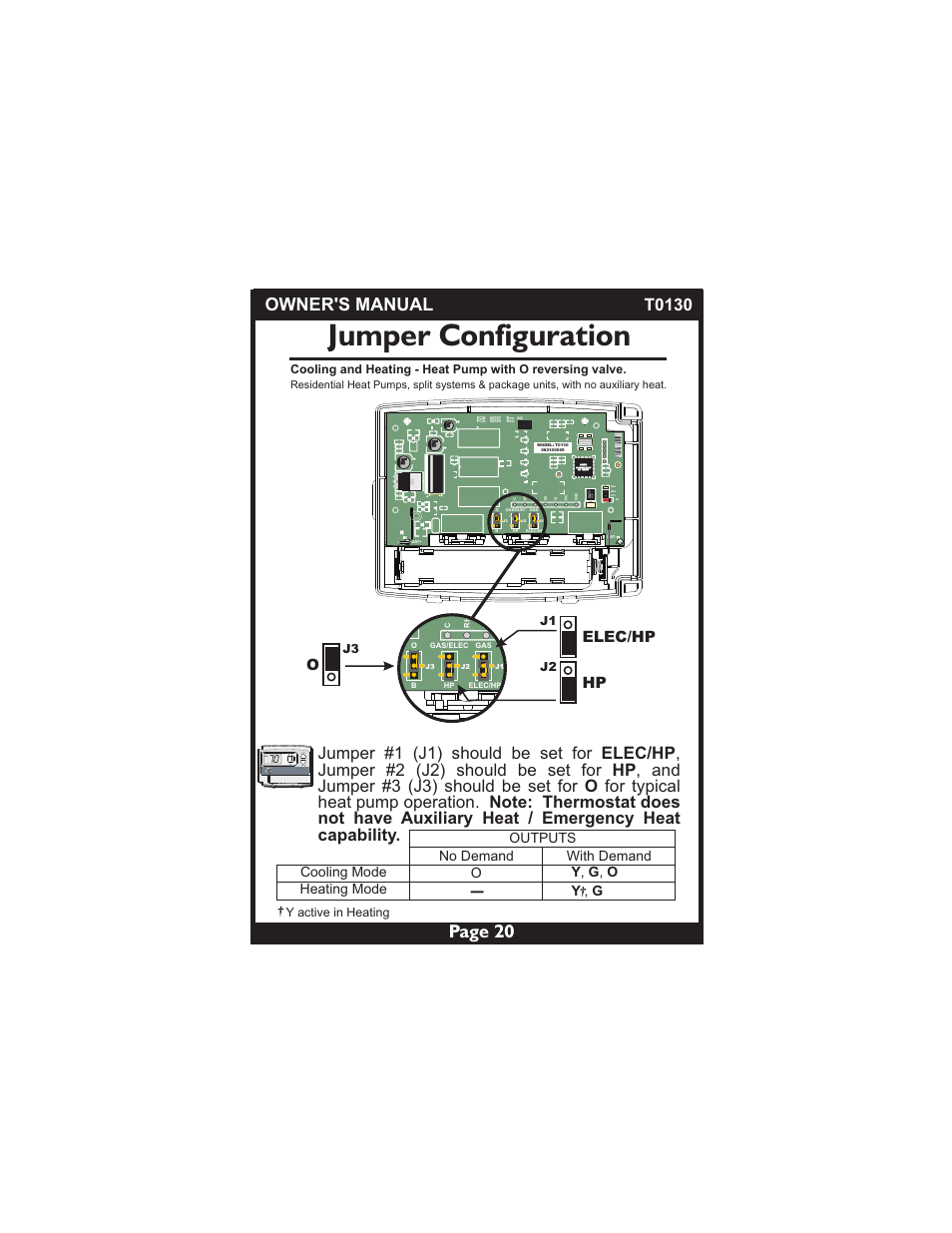 Jumper configuration, Owner's manual page 20, Elec/hp | 1000 jfk skd, Heat | Venstar T0130 User Manual | Page 20 / 25