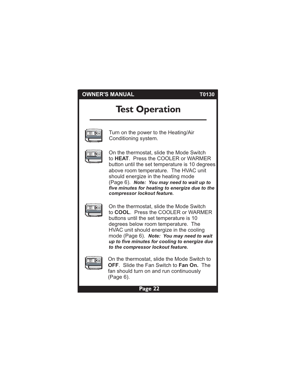 Test operation | Venstar T0130 User Manual | Page 22 / 25