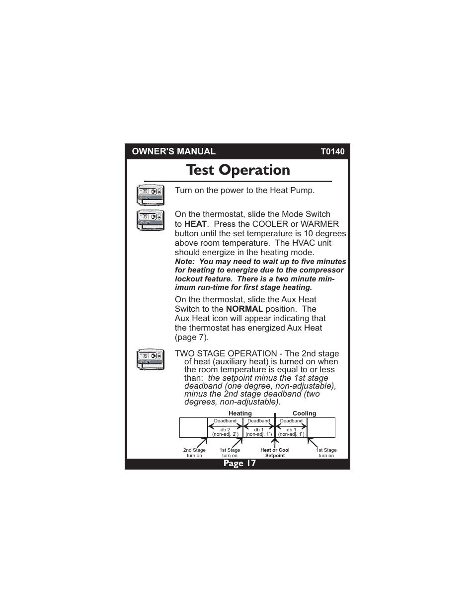 Test operation, Page 17, Owner's manual | Turn on the power to the heat pump, T0140 | Venstar T0140 User Manual | Page 17 / 21