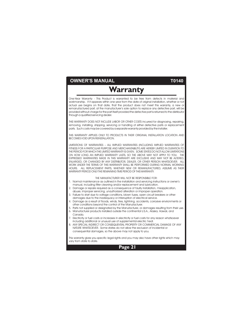 Warranty, Page 21, Owner's manual | Venstar T0140 User Manual | Page 21 / 21