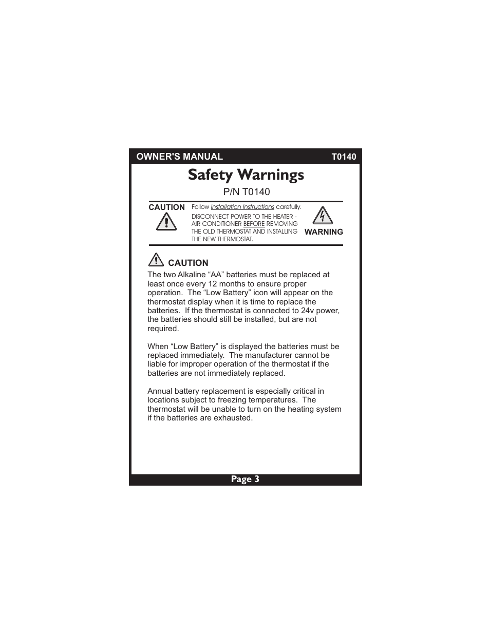 Safety warnings | Venstar T0140 User Manual | Page 3 / 21