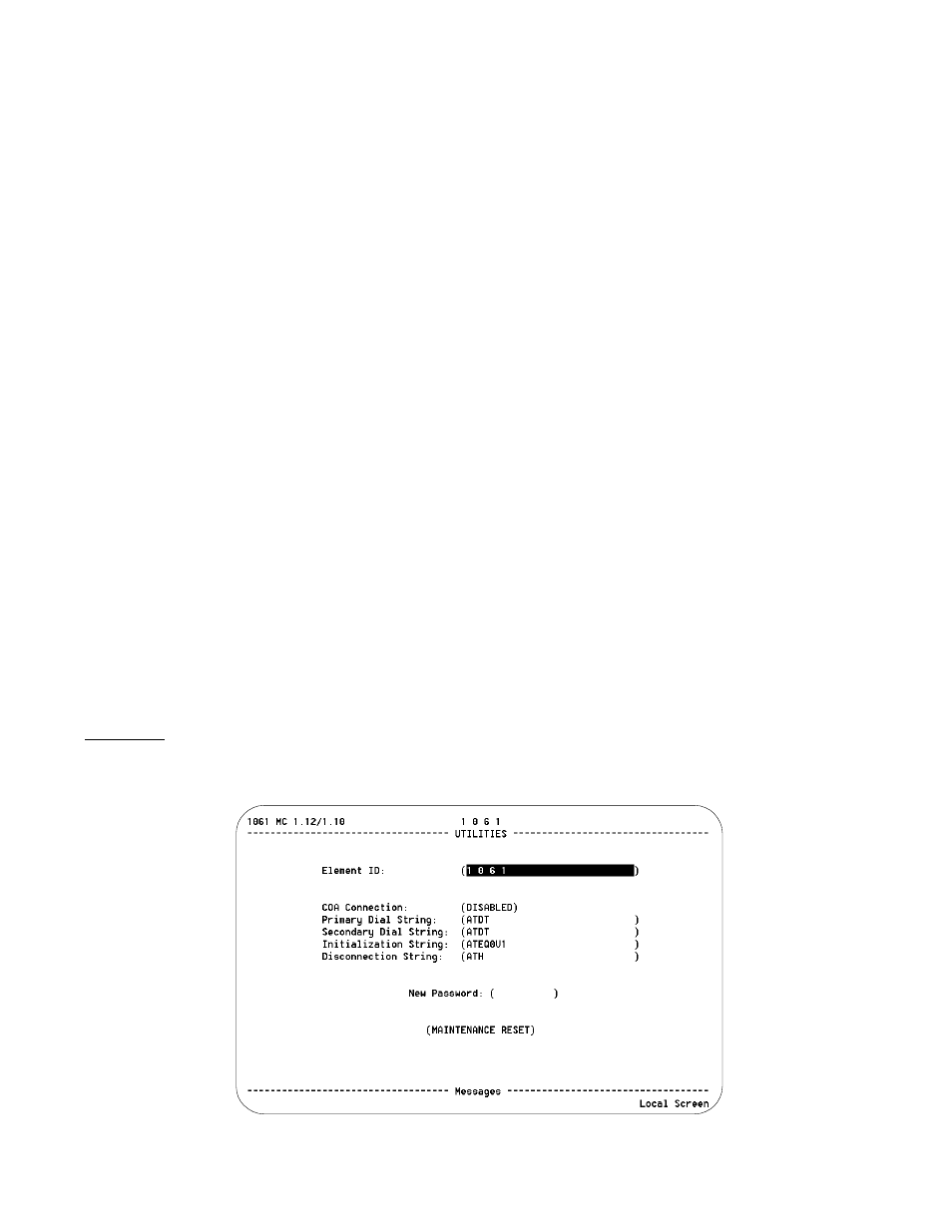 Utilities screen, Element id, Initialization string | Disconnect string, New password, Utilities screen -4 element id -4 | Verilink 1061 T1 Multicast (34-00268) Product Manual User Manual | Page 12 / 18