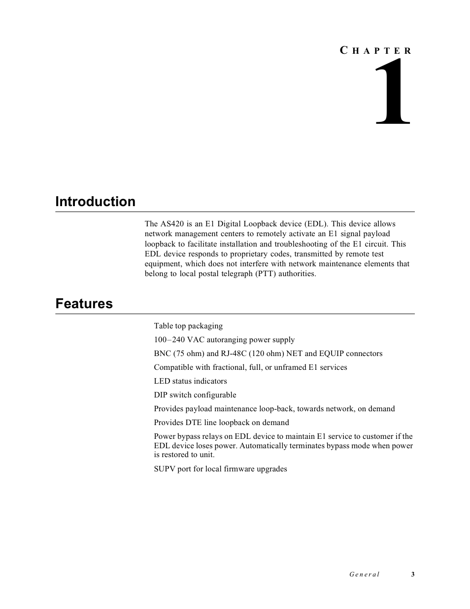 General, Introduction, Features | Chapter 1 general, Eneral | Verilink AS420 (34-00294) Product Manual User Manual | Page 11 / 28