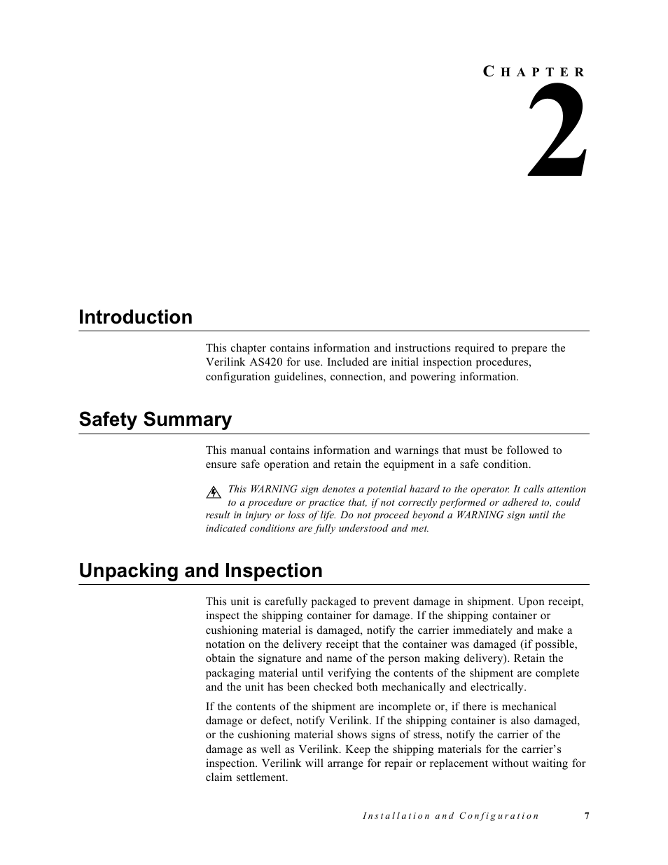 Installation and configuration, Introduction, Safety summary | Unpacking and inspection, Chapter 2 installation and configuration, Nstallation, Onfiguration | Verilink AS420 (34-00294) Product Manual User Manual | Page 15 / 28